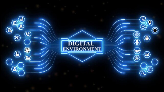 Enterprise infrastructure dashboard powered by Digital Environment interface with and secure system monitoring and advanced analytics integration.4k animation