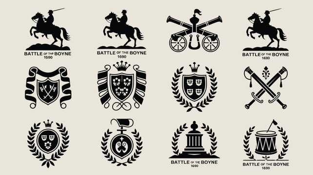 Collection of twelve historic battle of the boyne emblems and symbols, vector set.