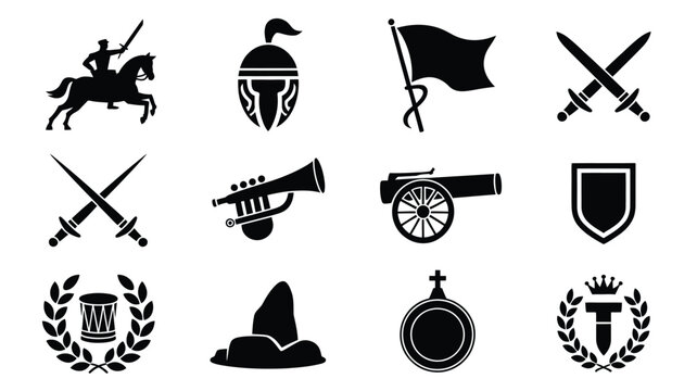 Military victory symbols collection including helmets swords shields cannons and medals.