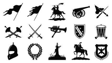 Set of 15 monochrome heraldic military emblems, ancient warfare and battle symbols collection. © Suranjana