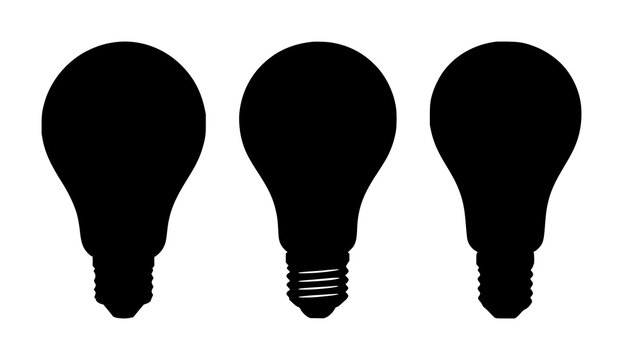 LED bulb icon set with solid black silhouette on white background featuring energy efficient, low wattage and LED lighting with minimalist design and circuitry