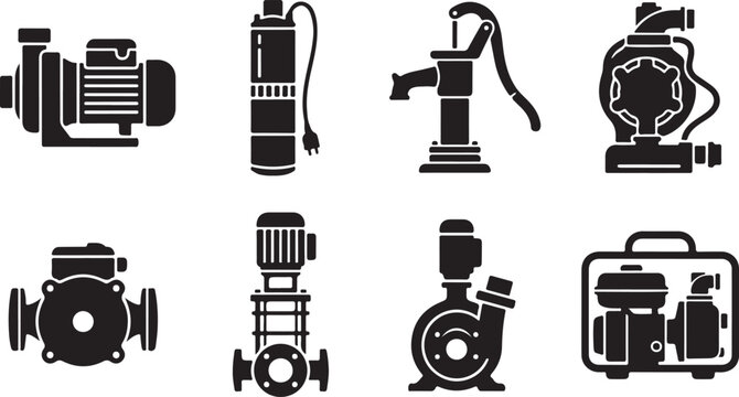Eight different types of water pumps and hand pump icons Vector