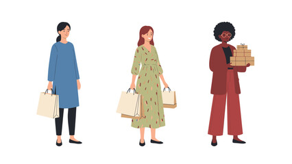 Obraz premium Diverse group of women shopping, holding bags and packages, illustrating consumerism and retail activity.