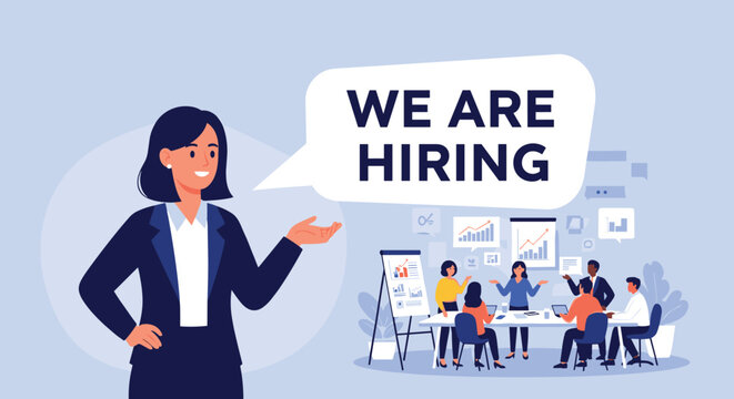 Professional businesswoman announcing job openings with a we are hiring speech bubble in front of an office team.