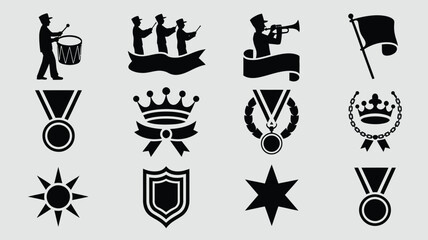 Obraz premium Marching band parade elements including drummer silhouettes trumpet players and award medals.