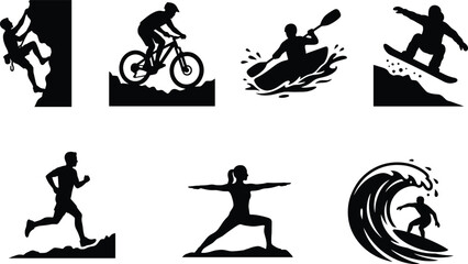 Extreme Sports and Outdoor Adventure Silhouette Set with Climbing Surfing and Cycling © MSTNASRIN