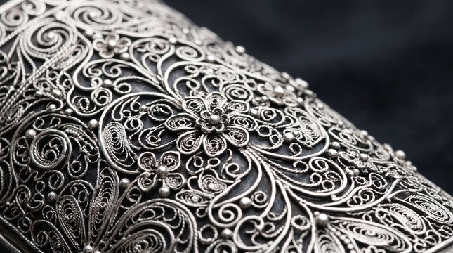 Traditional Kotagede silver filigree close-up, intricate hand woven floral and vine pattern, Indonesian luxury silversmith craft with polished metallic shine on dark background