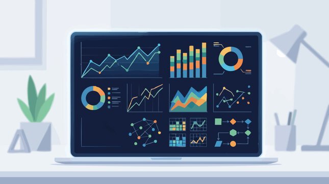 Data Visualization Dashboard on Laptop Screen in an Office Setting