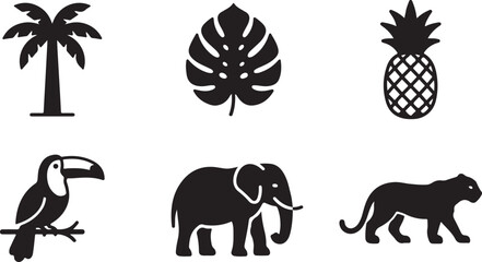 Obraz premium Black and white tropical animals and plants vector icons set Vector