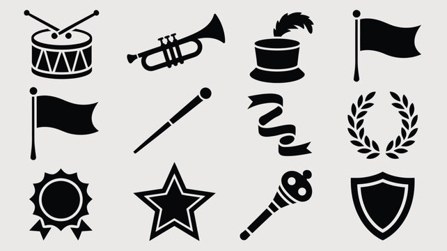 Ceremonial parade symbols and marching band icons with drum trumpet flags and laurel wreath.