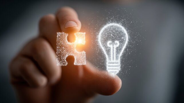 Hand holding a puzzle piece in bright light, connecting it to a holographic glowing solution bulb icon, symbolizing problem solving 