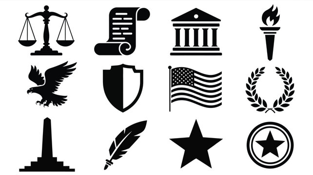 Legal and patriotic symbols scales of justice scroll government building eagle and flag.