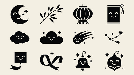 Happy cartoon moon stars clouds shooting star lantern bell ribbon icons. © Suranjana