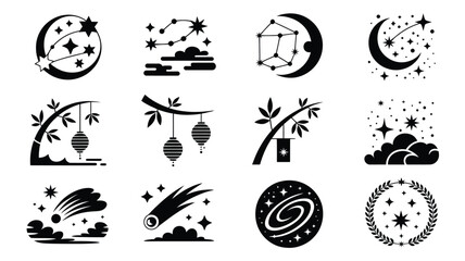 Whimsical night sky elements moon stars constellation cloud lantern tree. © Suranjana