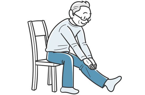 Middle aged man doing a seated hamstring stretch on a chair illustration