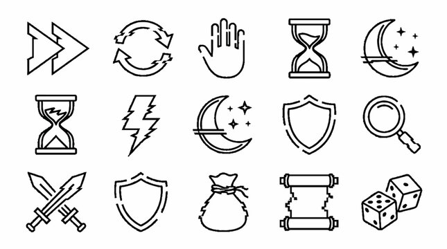 Set of fantasy game interface line icons including swords shield hourglass and magic items.