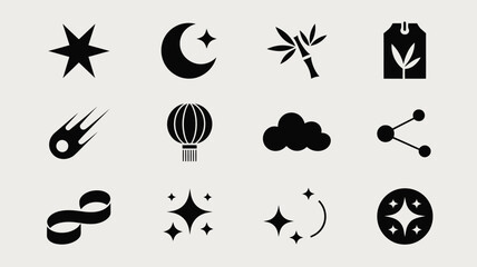 Collection of diverse graphic icons featuring stars moon bamboo comet clouds and lanterns. © Suranjana