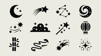 Celestial icon collection with moon star constellation shooting star wand and bamboo art. © Suranjana