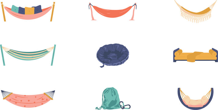 PrintComfortable Hammock and Outdoor Sleeping Gear Icon Set Featuring Camping Cots Hammocks and Travel Accessories for Backyard Lounge and Recreation Designs