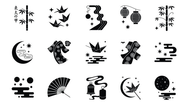 Traditional japanese culture icons with origami cranes kimono fans bamboo and moon cloud.