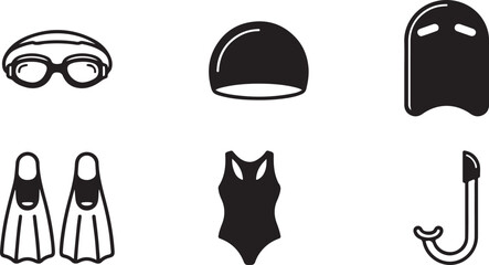Black swimming and diving gear icon set with goggles, cap, fins, swimsuit, and snorkel Vector © Runa