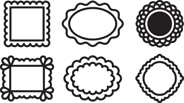 Set of six decorative scalloped border frames in black and white Vector