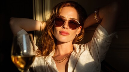 Glamorous redhead woman in sunglasses and gold jewelry relaxing with white wine during golden hour
