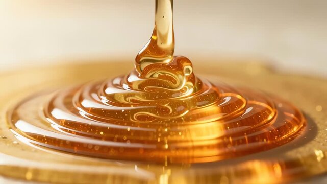 Golden honey dripping in spiral pattern with warm lighting