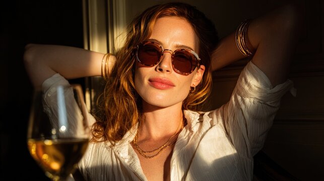 Glamorous redhead woman in sunglasses and gold jewelry relaxing with white wine during golden hour