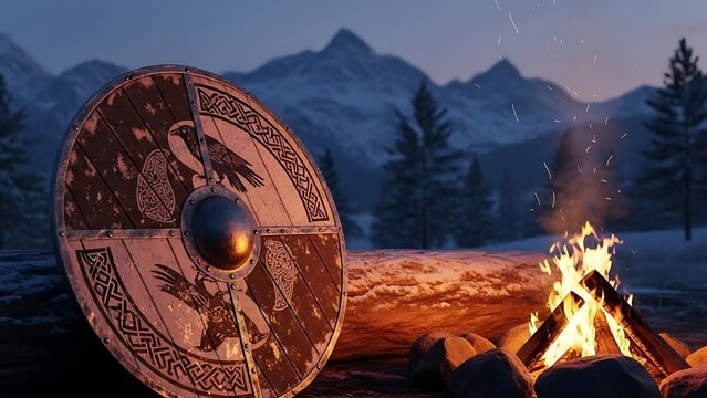 Viking Shield by Campfire in Snowy Mountains at Dusk.