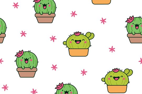 Smiling cartoon cacti with flowers in pots on white background