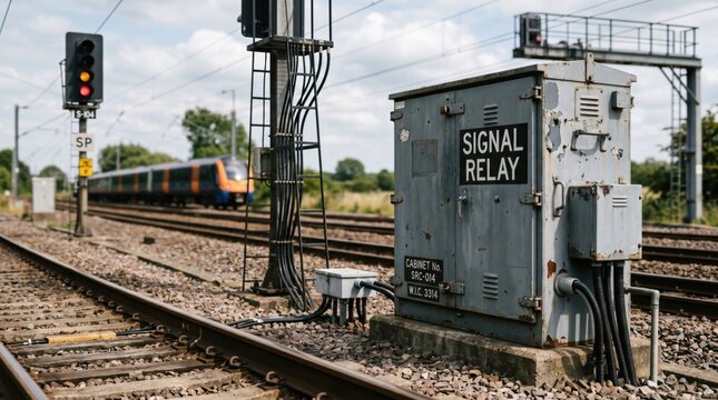 Weathered railway signal relay box on tracks with passenger train in the distance suitable for logistics, transport, and engineering presentations