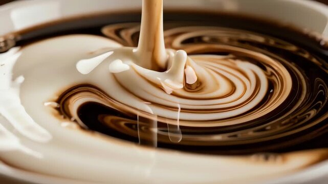 Close-up of Cream Swirling into Freshly Brewed Coffee in Cup