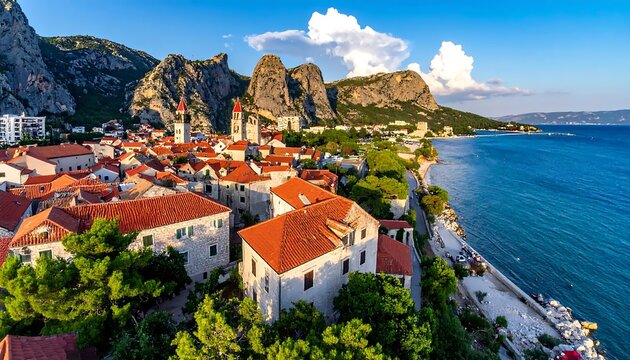 Aerial view of Omis town in Croatia with red roofs and mountains by the Adriatic Sea.