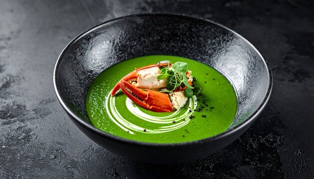 Green pea seafood soup. Authentic french bisque featuring tender lobster claw, rich spinach puree, and cream garnish on a dark bowl.
