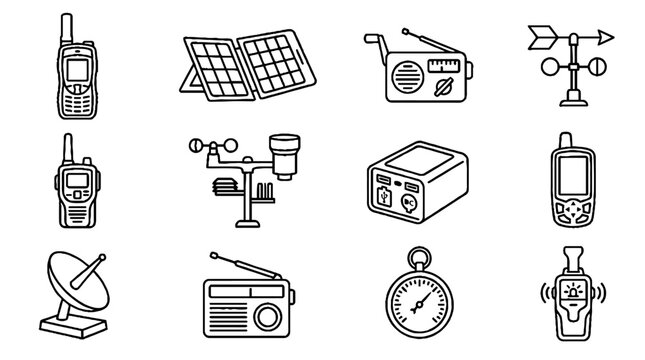 Emergency Communication and Weather Monitoring Equipment Line Art Icon Set.