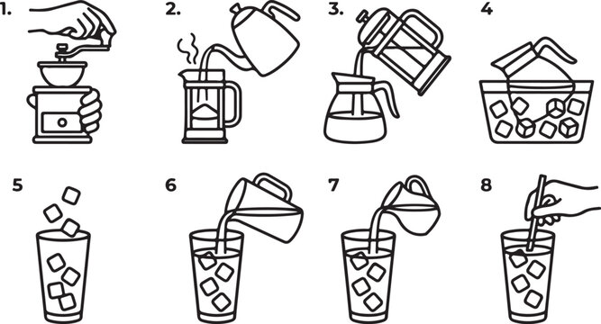 Step-by-step iced coffee making illustration with coffee maker and ice cubes Vector