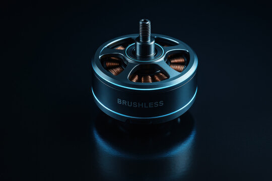 Brushless motor floating on dark reflective surface with blue edge lighting, advanced robotics and electric vehicle innovation concept, premium engineering product visualization