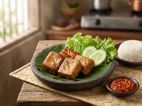 Delicious Indonesian Fried Tofu with Chili Sauce and Rice.
