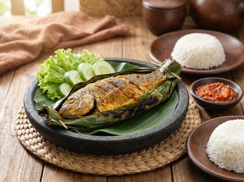 Delicious Indonesian Grilled Fish with Rice and Sambal on a Wooden Table.