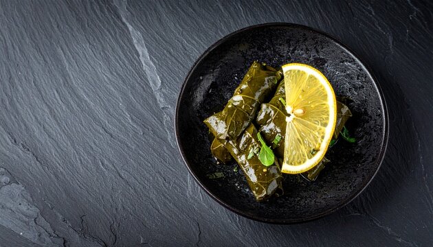 Stuffed vine leaves appetizer. Classic greek dolmades dish featuring rice stuffed grape leaves served with fresh lemon on dark plate.