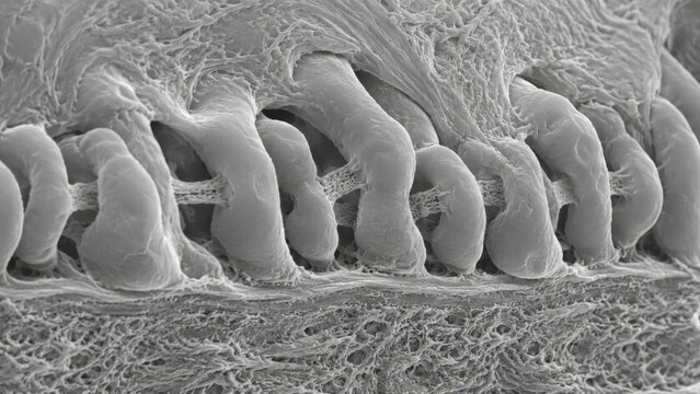 Scanning electron microscope image of kidney podocyte foot process and filtration slit membrane on glomerular basement membrane surface showing ultrastructure detail