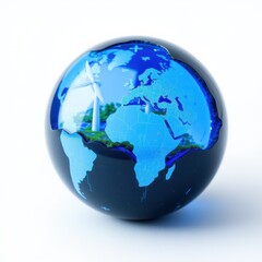 Fototapeta premium Glass globe depicts Earth. Wind turbines visible within Europe, Africa continents. Blue hues dominate, suggesting water bodies. Clean energy concept.