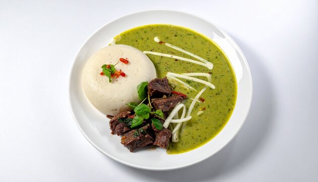 Creamy green soup with fufu. Traditional west african meal featuring a smooth pounded yam or fufu ball served in rich green kontomire soup.