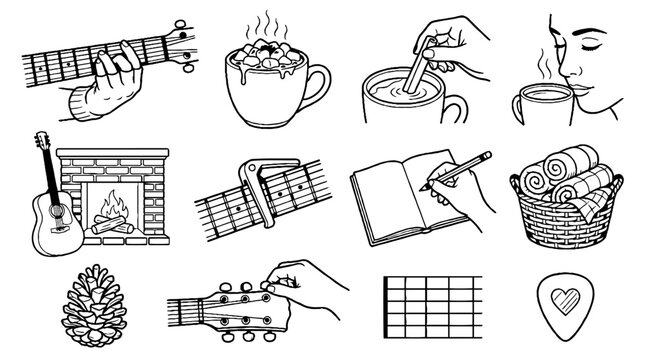 Cozy Winter Lifestyle Hand Drawn Line Art Icons Set Featuring Guitar Music Coffee And Fireplace.