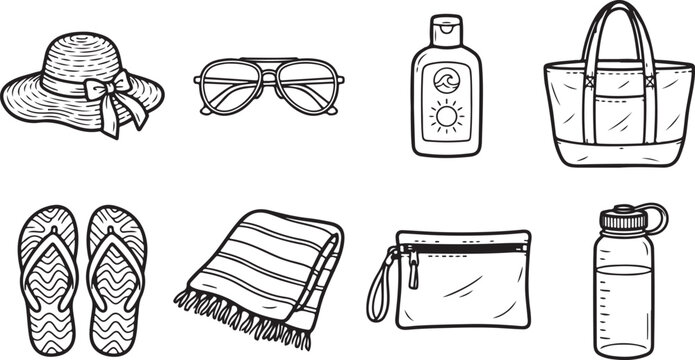 Illustrated beach essentials set including sunscreen, sunglasses, hat, and accessories Vector