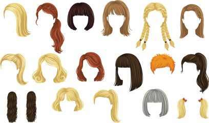 Woman hair wigs and hairstyles vector illustration collection isolated on white background, female haircut fashion set with different colors braids curls and bangs for avatar design.