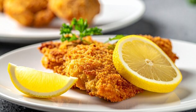 Golden breaded meat cutlet. Classic austrian wiener schnitzel served on a plate with fresh lemon and green parsley.