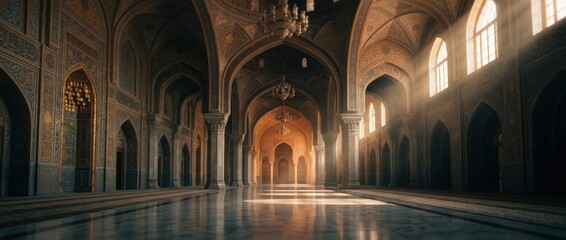 Obraz premium Grand Hallway with Arches and Sunlight Streaming Through Windows.