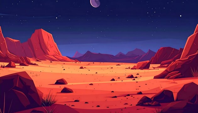 Alien planet desert landscape vector illustration under starry night sky.